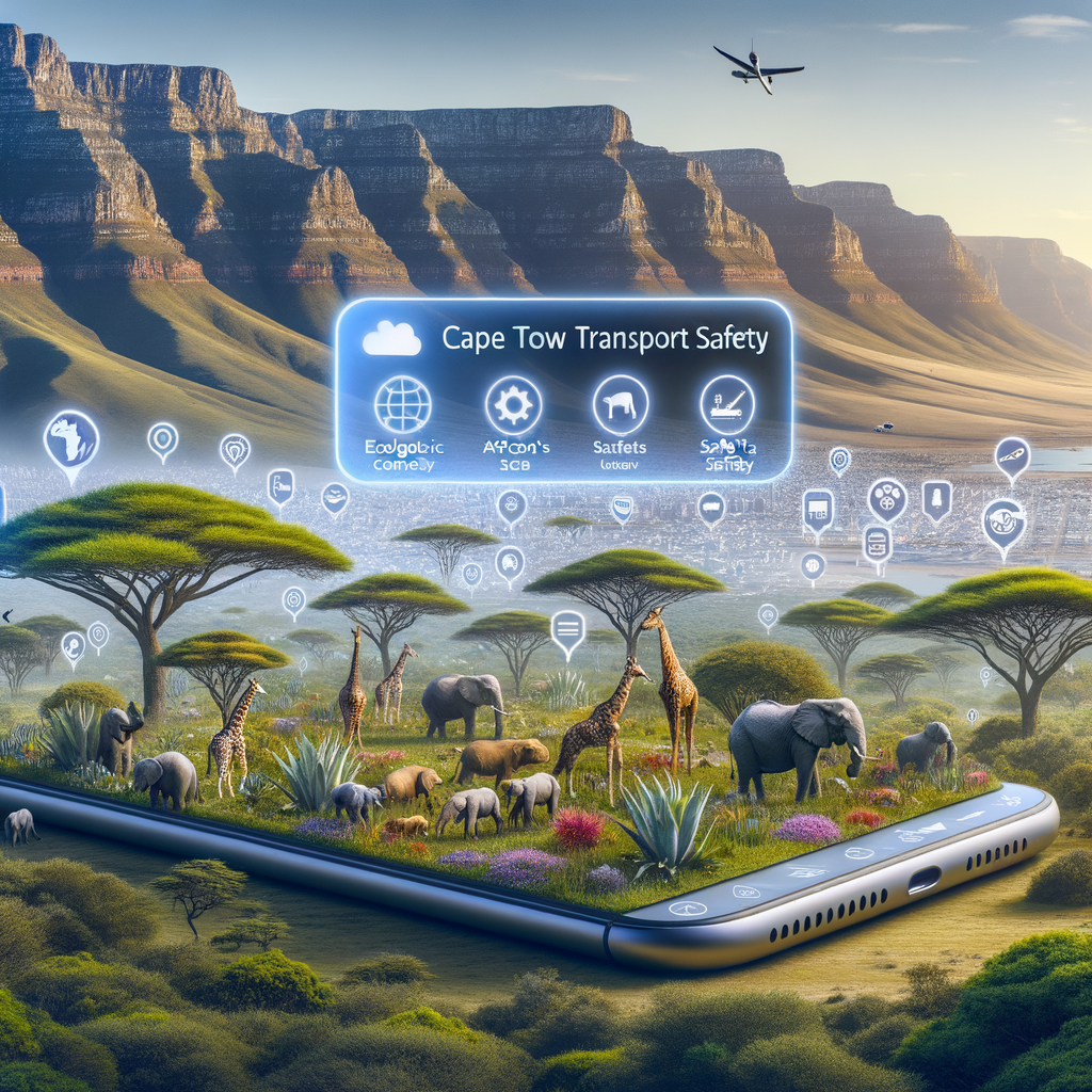 Cape Town transport safety visualization with digital verification elements and African landscape context displaying Crab a Ride carpooling platform benefits.