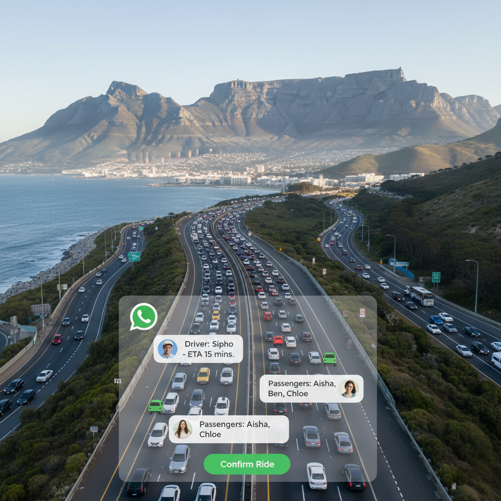 Cape Town view for CrabaRide Carpool WhatsApp platform making transport safe, affordable and convenient accross south africa, thanks to Elon Musk and OpenAI